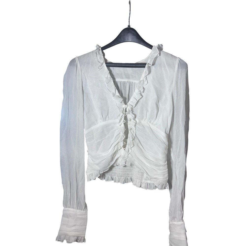 Free People White Ruffle Ruched Smocked Back V-Neck Blouse XS OB1105151
